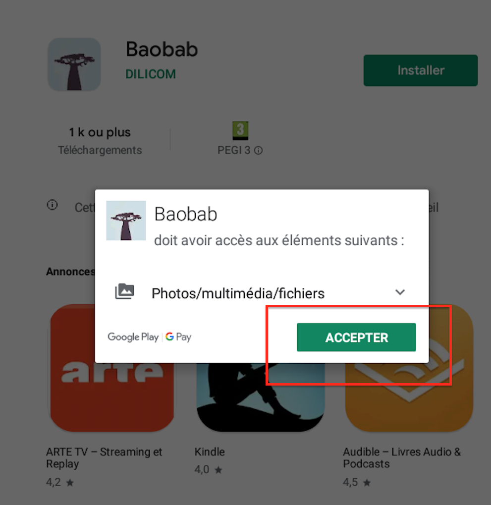 installation baobab bouton accepter