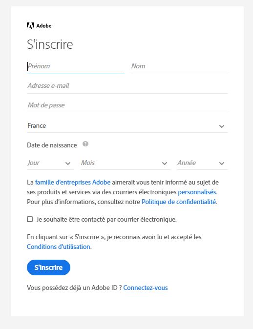 formulaire d'inscription Adobe