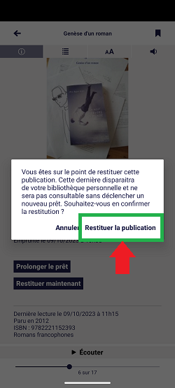 fenetre message de confirmation de la restitution d'un livre PNB