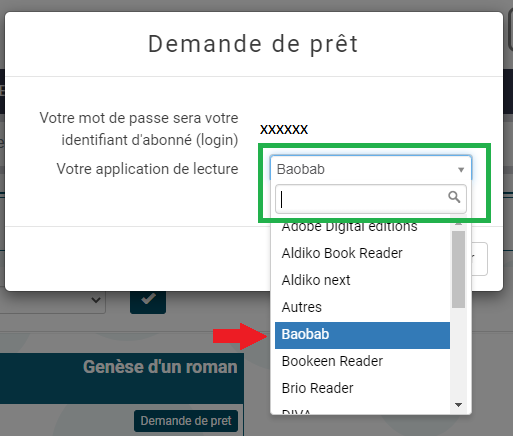 pop up permettant de selectionner une application de lecture PNB