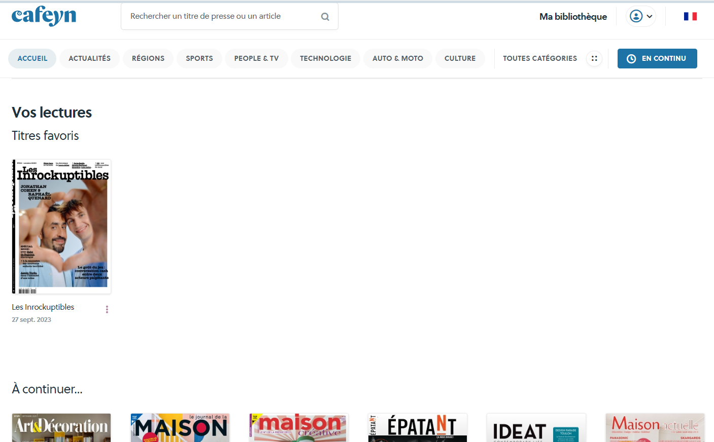 capture ecran page accueil cafeyn vos lectures favories