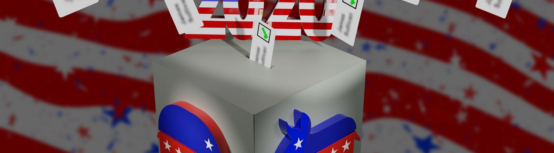 Urne de vote avec bulletins au-dessus et "élection 2020" écrit en majuscule