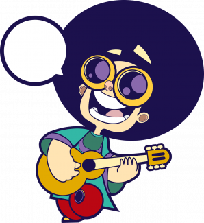 dessin d'homme bouche ouverte, souriant avec guitare lunettes ronde et phylactère