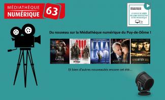 bandeau de jaquettes de films avec vidéoprojecteurs et logo médiathèque numérique en rouge